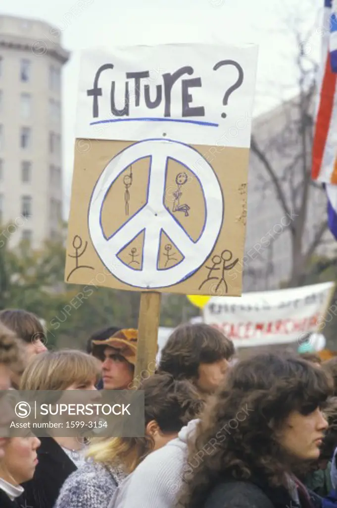 Students holding peace sign at rally, Los Angeles, California