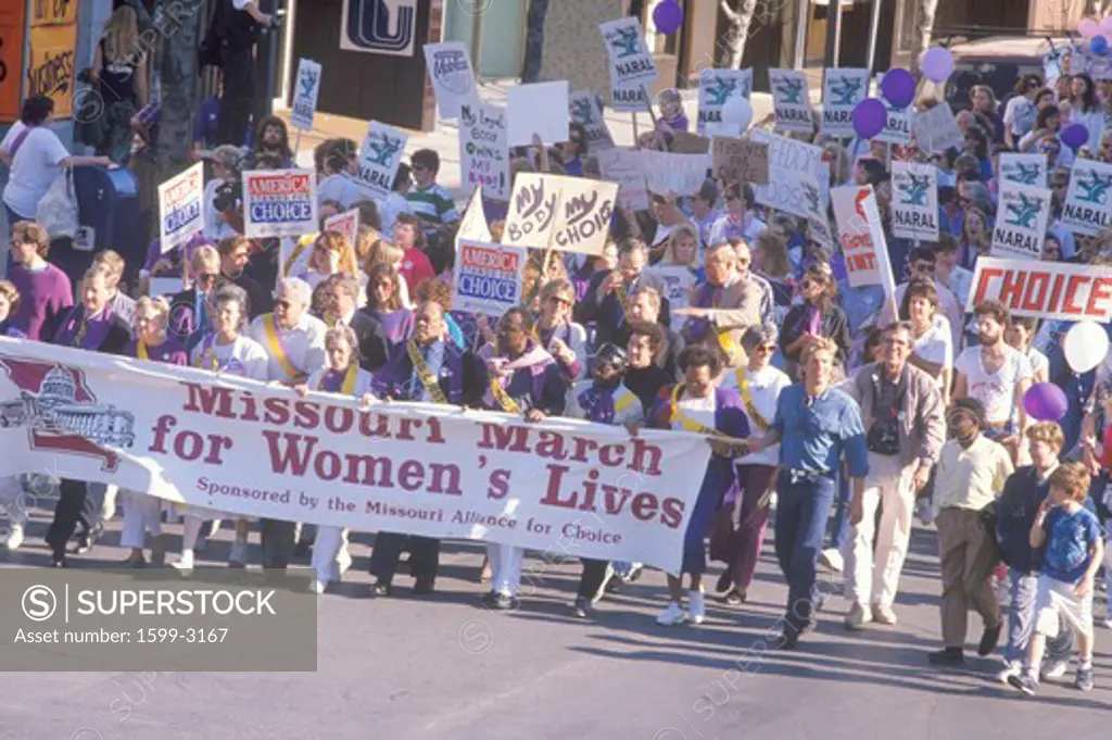 Pro-choice marchers holding banner at State Capitol Building, Missouri