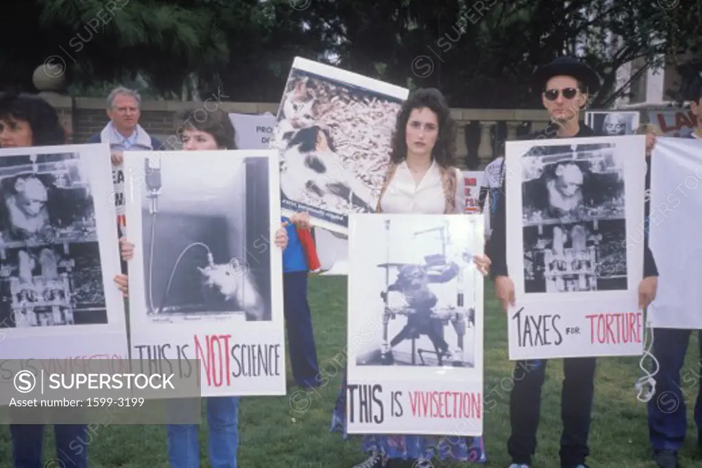 Animal rights demonstrators holding signs, Los Angeles, California