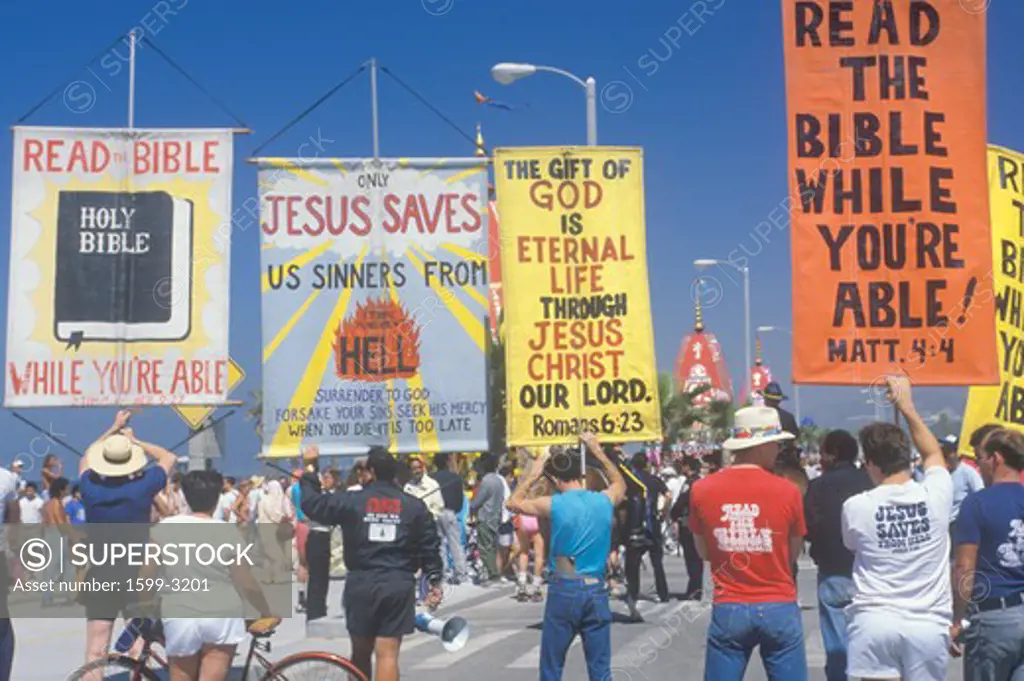 Religious right marchers holding signs, Santa Monica, California