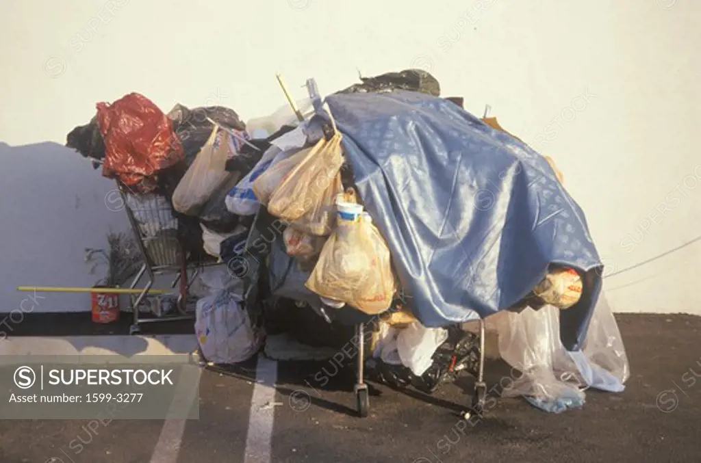 Possessions of a homeless person in shopping cart, Santa Monica, California