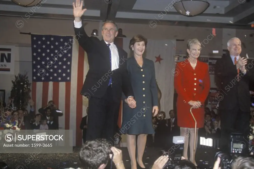 George W. Bush, Mrs. Bush, Senator and Mrs. John McCain at campaign rally, Burbank, CA in 2000