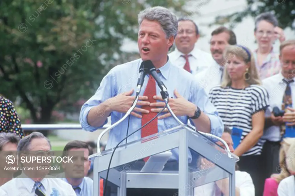 Governor Bill Clinton speaks at the University of Texas during the Clinton/Gore 1992 Buscapade campaign tour in Austin, Texas