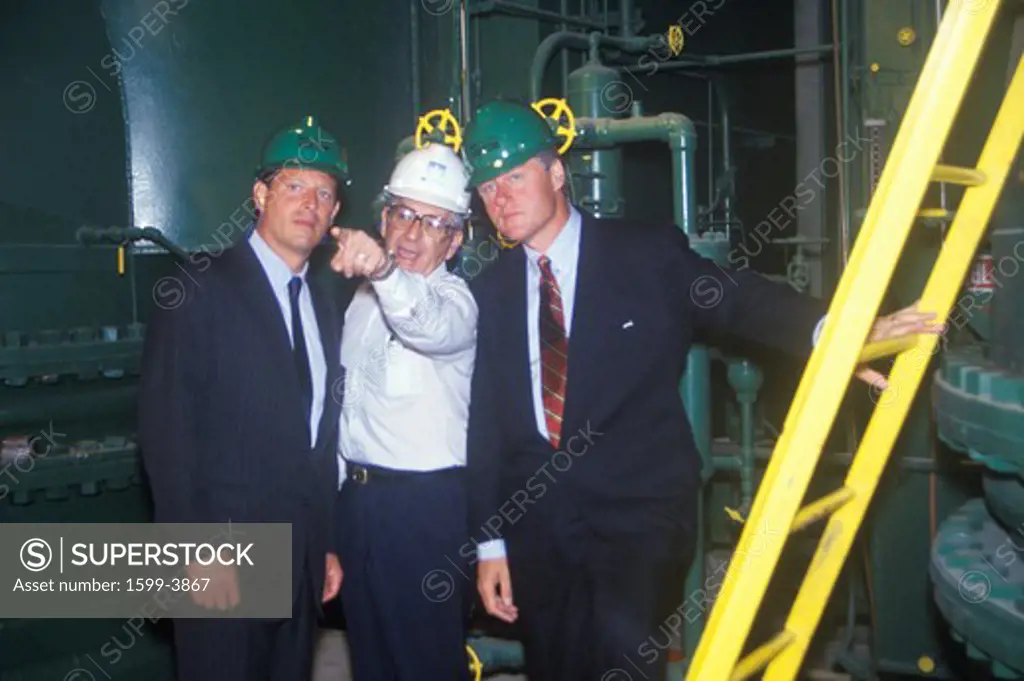 Governor Bill Clinton and Senator Al Gore meet with worker at an electric station on the 1992 Buscapade campaign tour in Waco, Texas