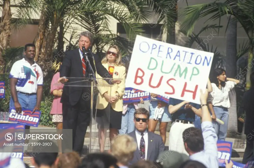 Governor Bill Clinton speaks at a UCLA rally in 1992 in Los Angeles, California