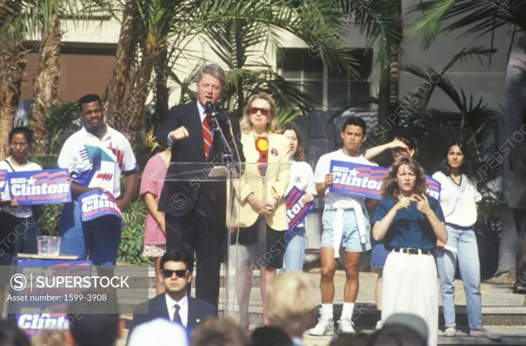 Governor Bill Clinton speaks at a UCLA rally in 1992 in Los Angeles, California
