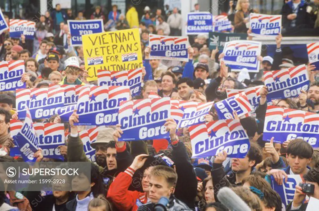 Crowd greets Governor Bill Clinton at a Ohio campaign rally in 1992 on his final day of campaigning, Cleveland, Ohio