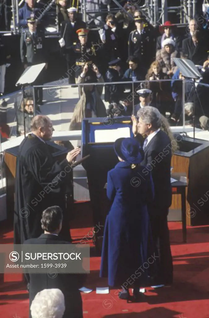 Bill Clinton, 42nd President, takes the Oath of Office on Inauguration Day from Chief Justice William Rehnquist on January 20, 1993 in Washington, DC