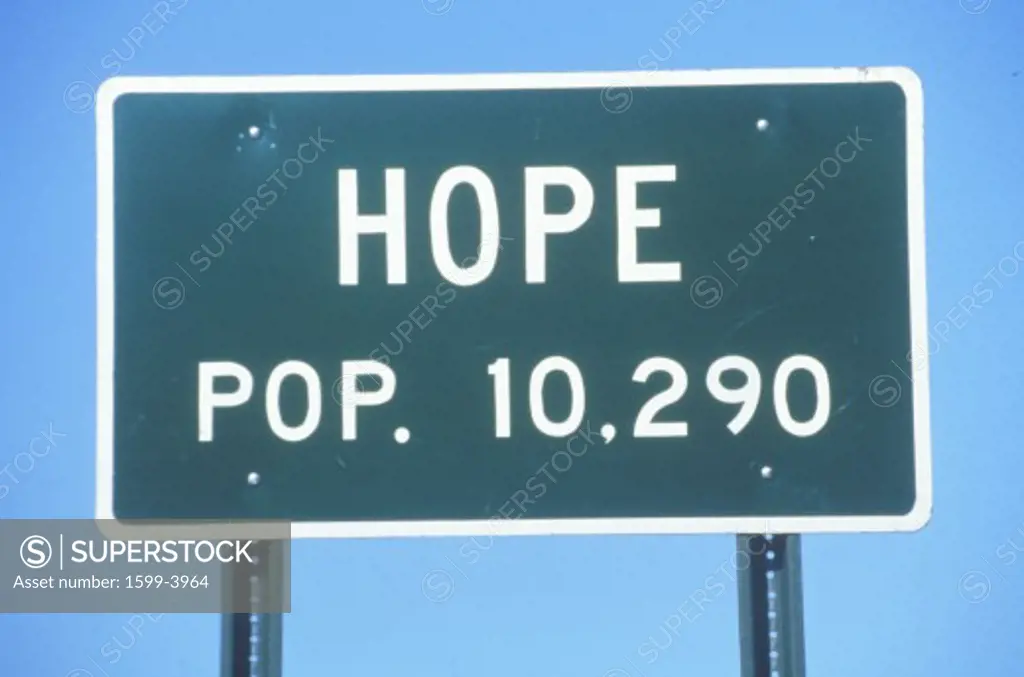 Road sign for city of Hope in Hempstead County, Arkansas