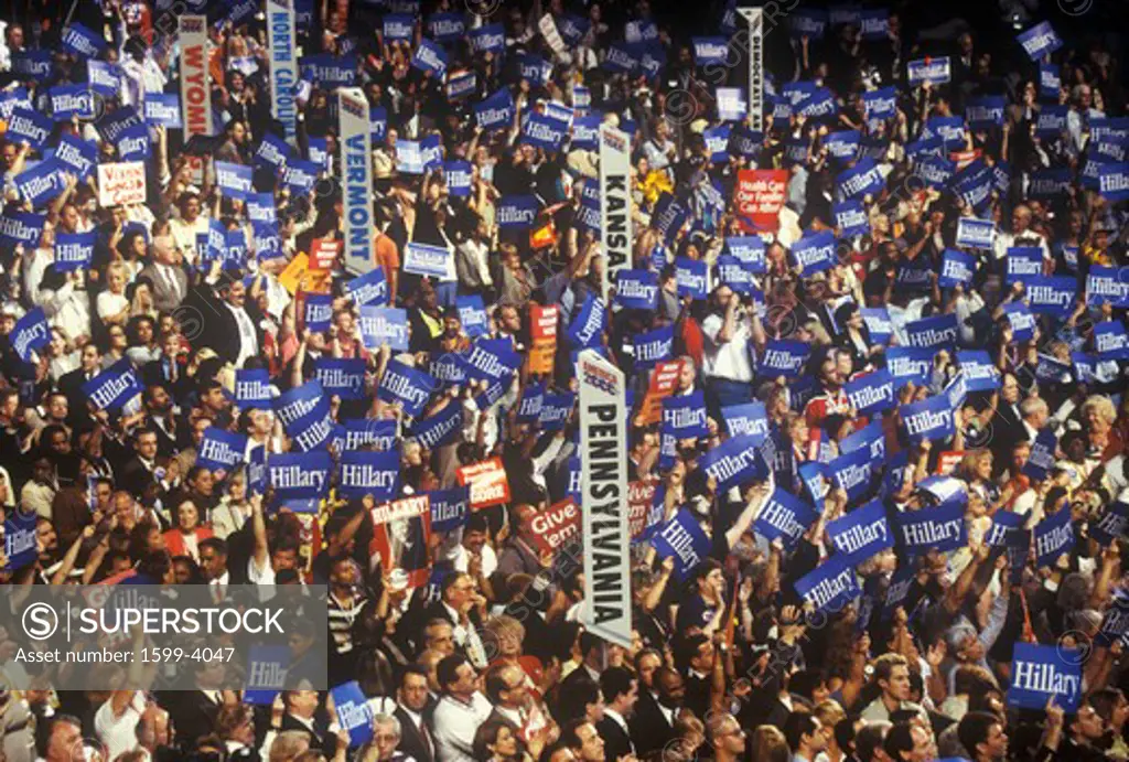 State delegations and signs at the 2000 Democratic Convention at the Staples Center, Los Angeles, CA 