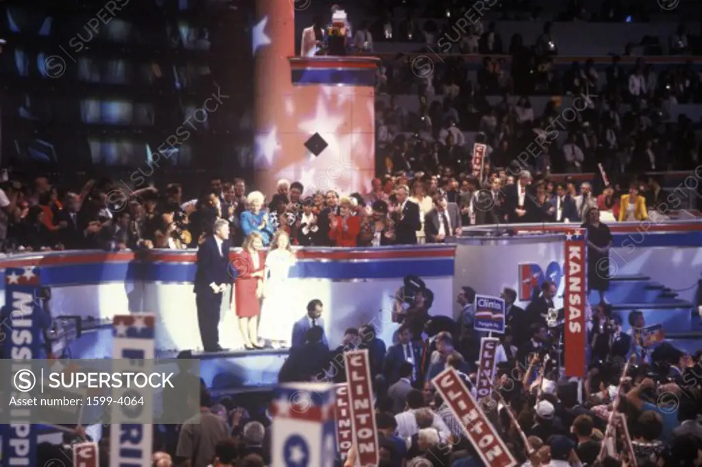 The Clinton family accepts the nomination at the 1992 Democratic National Convention at Madison Square Garden, New York