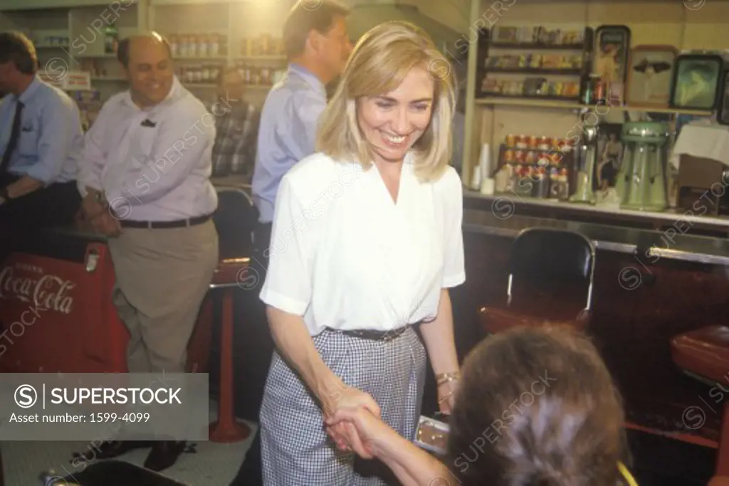 Hillary Rodham Clinton meets town's people at Dee's Restaurant during the Clinton/Gore 1992 Buscapade campaign tour in Corsicana, Texas