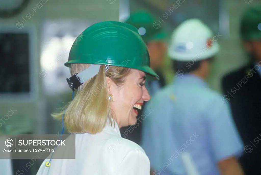 Hillary Rodham Clinton meets with workers at an electric station on the 1992 Buscapade campaign tour in Waco, Texas