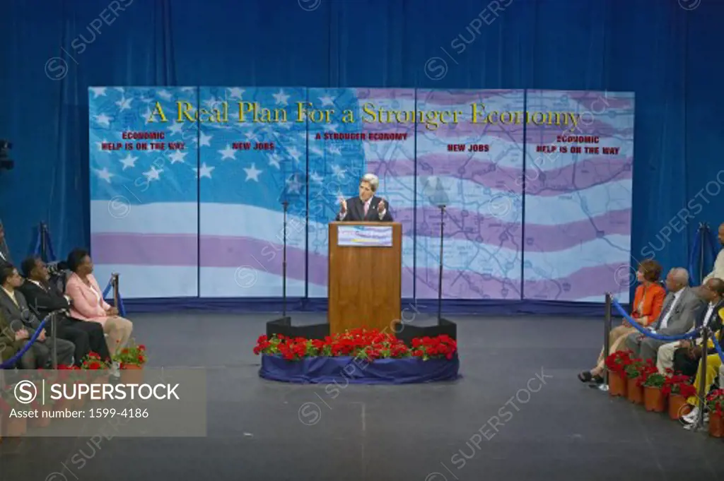 Senator John Kerry at podium of major policy address on the economy, CSU- Dominguez Hills, Los Angeles, CA