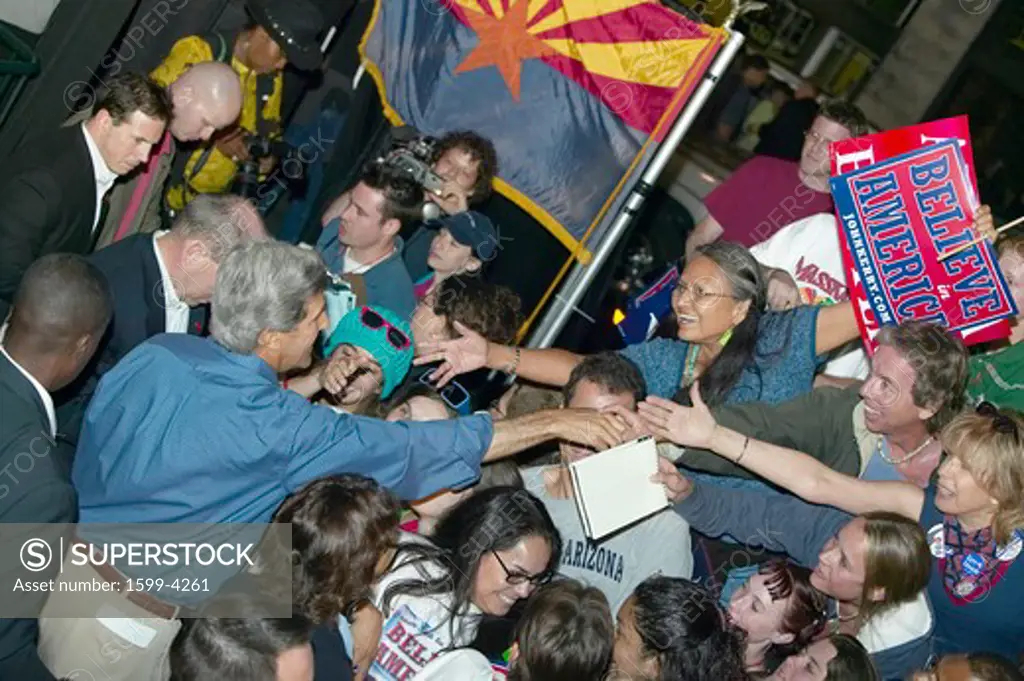 Senator John Kerry shaking hands in crowd at Heritage Square, Flagstaff, AZ