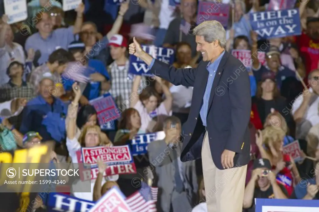 Senator John Kerry gives thumbs up to audience of supporters at the Thomas Mack Center at UNLV,  Las Vegas, NV