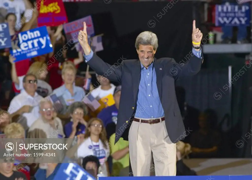 An enthusiastic Senator John Kerry addresses audience at the Thomas Mack Center at UNLV,  Las Vegas, NV