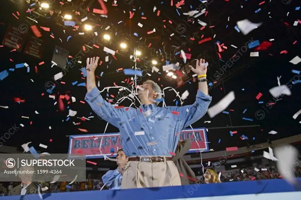 Confetti falls on an exuberant Senator John Kerry at a rally at the Thomas Mack Center at UNLV, Las Vegas, NV