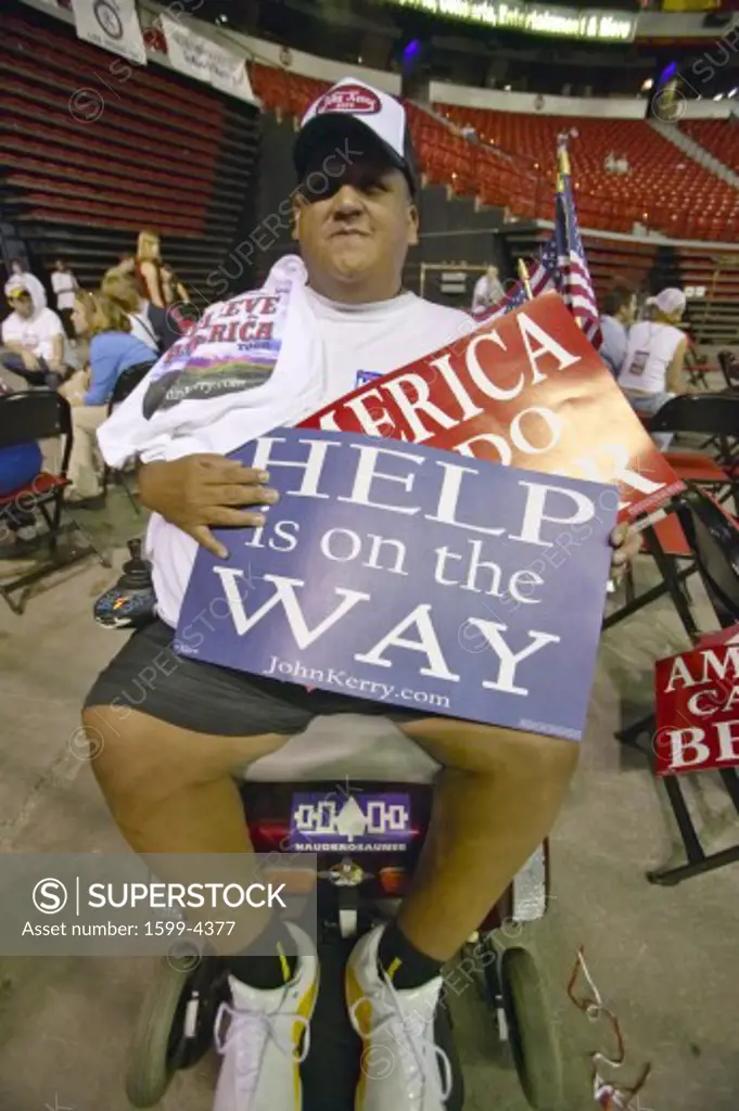 Wheelchair attendee with Kerry Campaign signs at the Thomas Mack Center at UNLV, Las Vegas, NV
