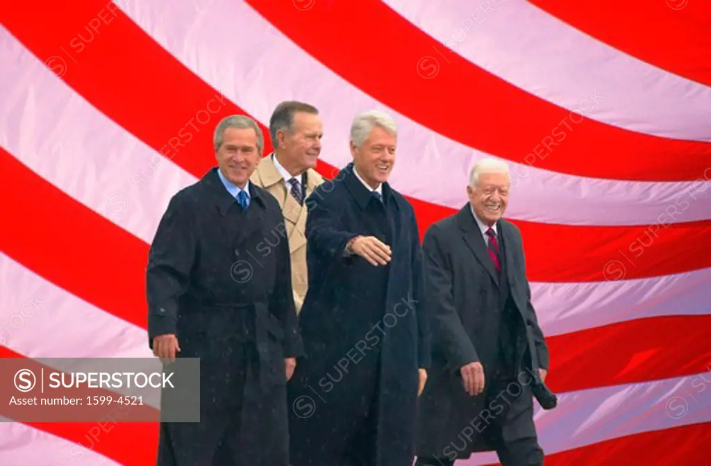 Photo mosaic of American flag and former U.S. President Bill Clinton, President George W. Bush, former presidents Jimmy Carter and George H. W. Bush at the opening ceremony of the Clinton Presidential Library November 18, 2004 in Little Rock, AK