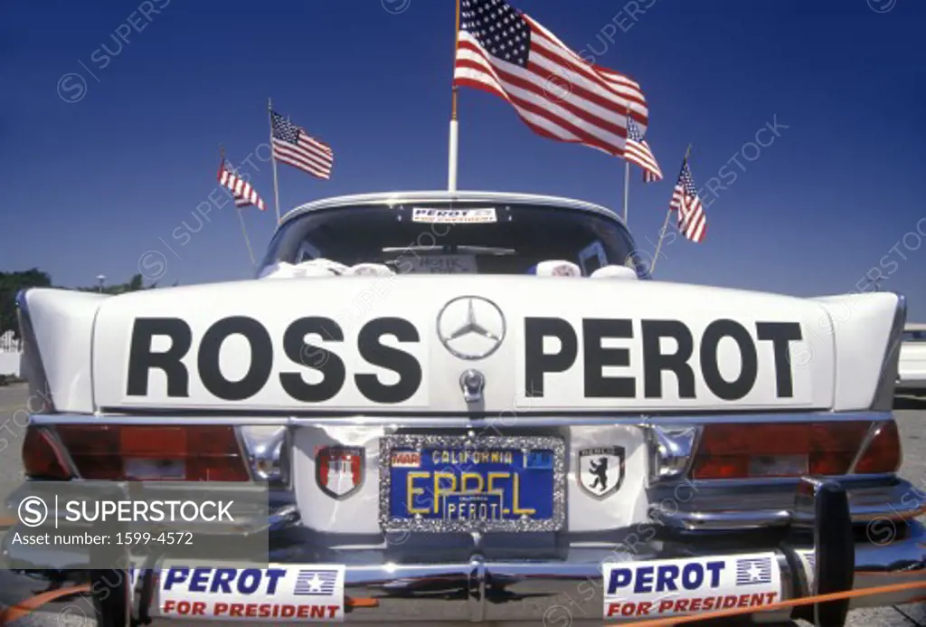 A Mercedes-Benz automobile emblazoned with lettering and bumper stickers supporting Ross Perot for President. Orange County, California