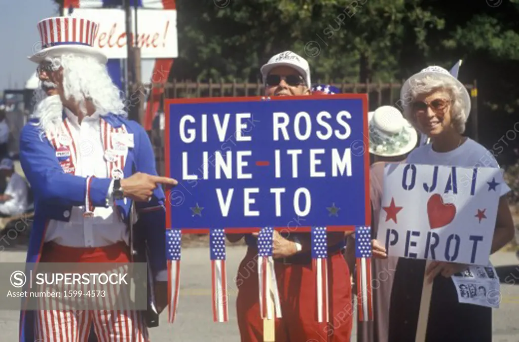 A man dressed as Uncle Sam and other supporters of Ross Perot campaign for his 1992 United States presidential election run in Ojai, California