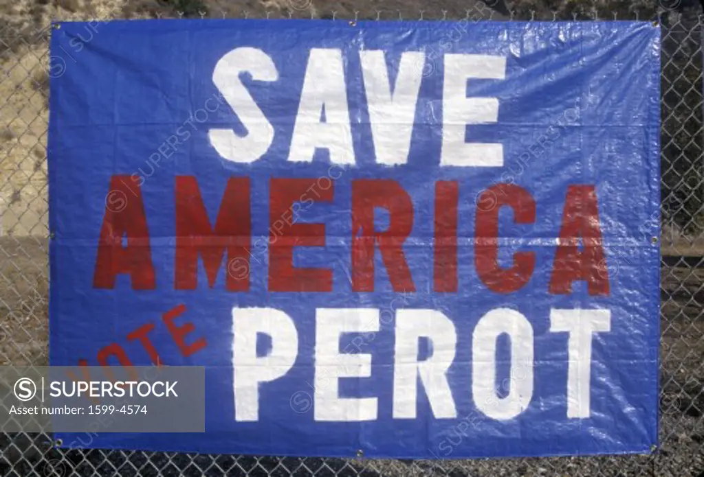 Sign reads Save America - Vote Perot at Ross Perot campaign rally in California, 1992