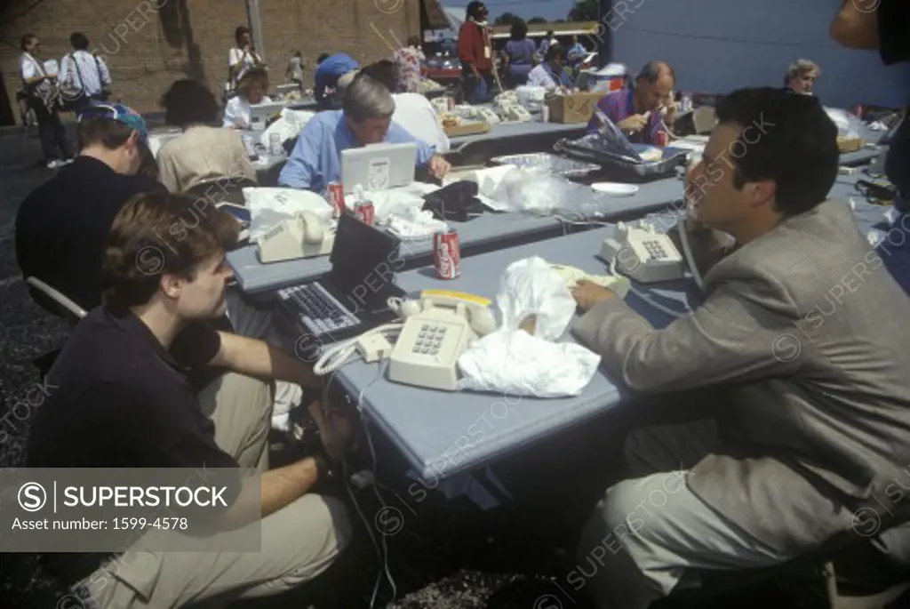Clinton/Gore campaign staff working during B77 Buscapade Tour of the Northeast region, 1992