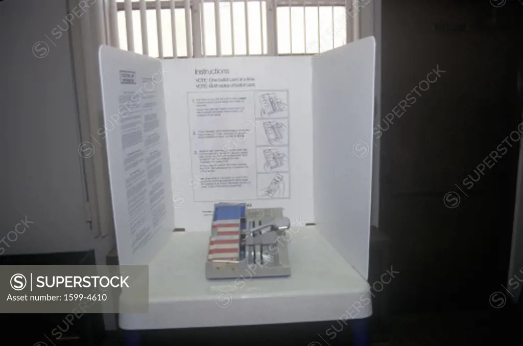 Close-up of a voting booth and ballot machine with ballot , CA