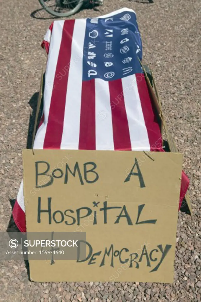 An American flag draped over a mock coffin in Tucson Arizona protesting President George W. Bush's Iraq policies