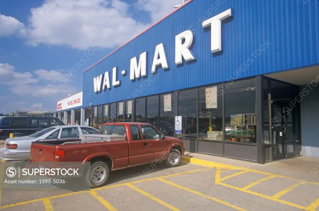 Wal * Mart Supercenter Store  front entrance and parking lot in Southeast USA