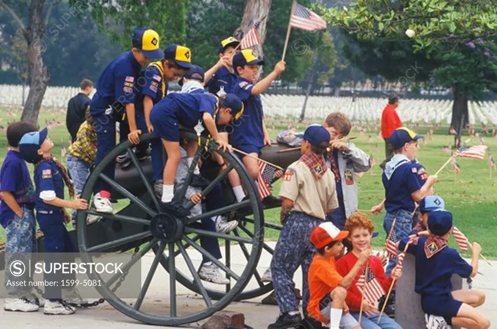Cub Scouts Playing on Cannon, Veteran's National Cemetery, Los Angeles, California
