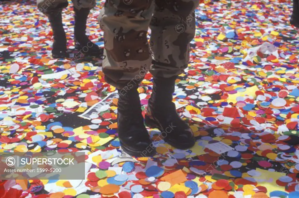 Soldiers' Boots Standing in Confetti, New York City, New York