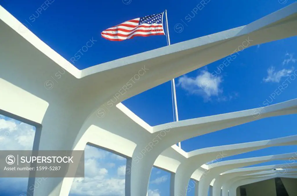 American Flag Flying over USS Arizona Memorial Museum, Pearl Harbor, Oahu, Hawaii