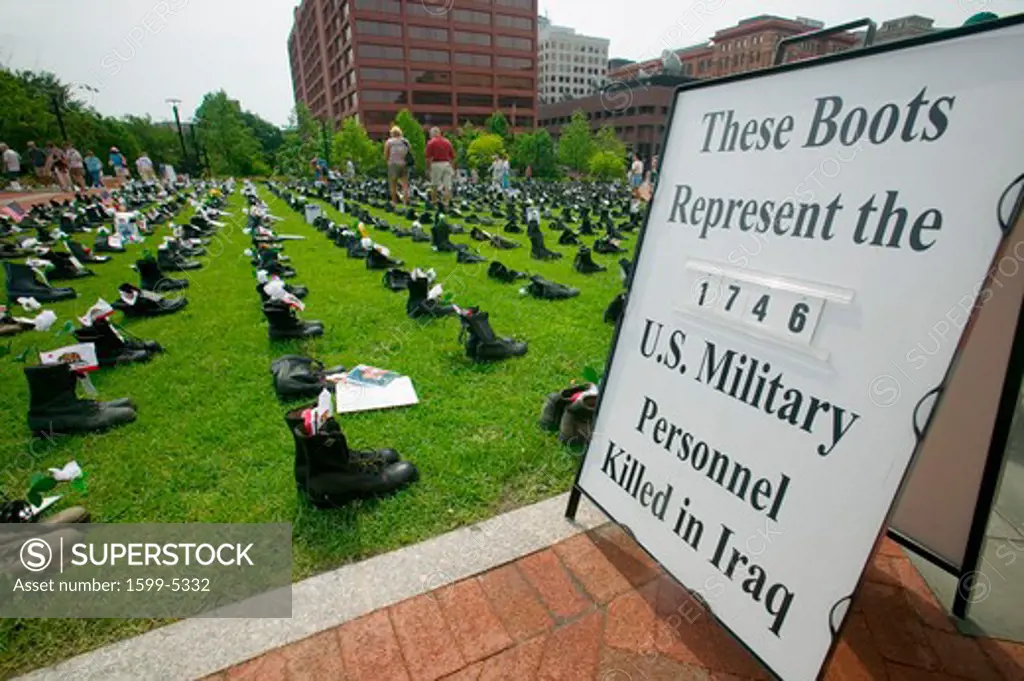 1746 Military boots symbolizing US Military Personnel killed in Iraq as displayed at Independence Hall Eyes Wide Open” exhibit, Philadelphia, Pennsylvania on July 4, 2005