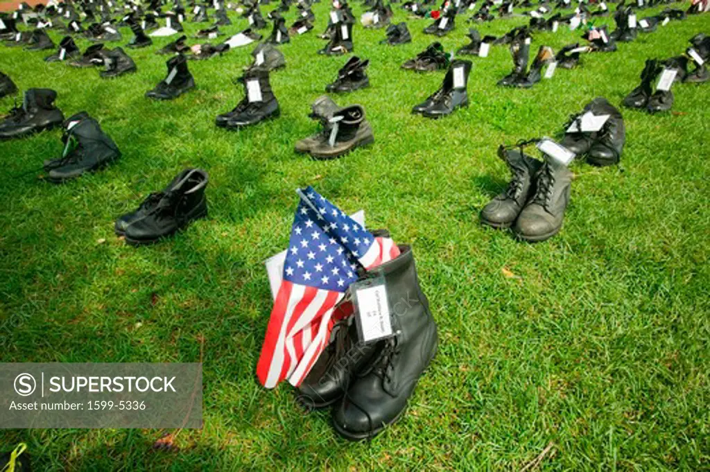 1746 Military boots symbolizing US Military Personnel killed in Iraq as displayed at Independence Hall Eyes Wide Open” exhibit, Philadelphia, Pennsylvania on July 4, 2005
