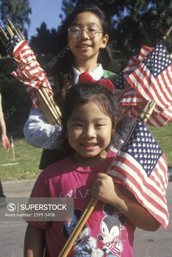 Philippine-American Girls with American Flags, Los Angeles, California      