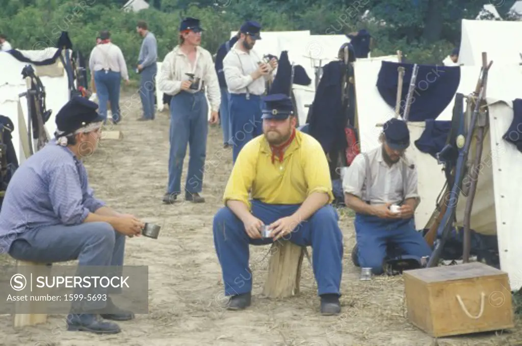 Confederate participants in camp scene during recreation of Battle of Manassas, marking the beginning of the Civil War