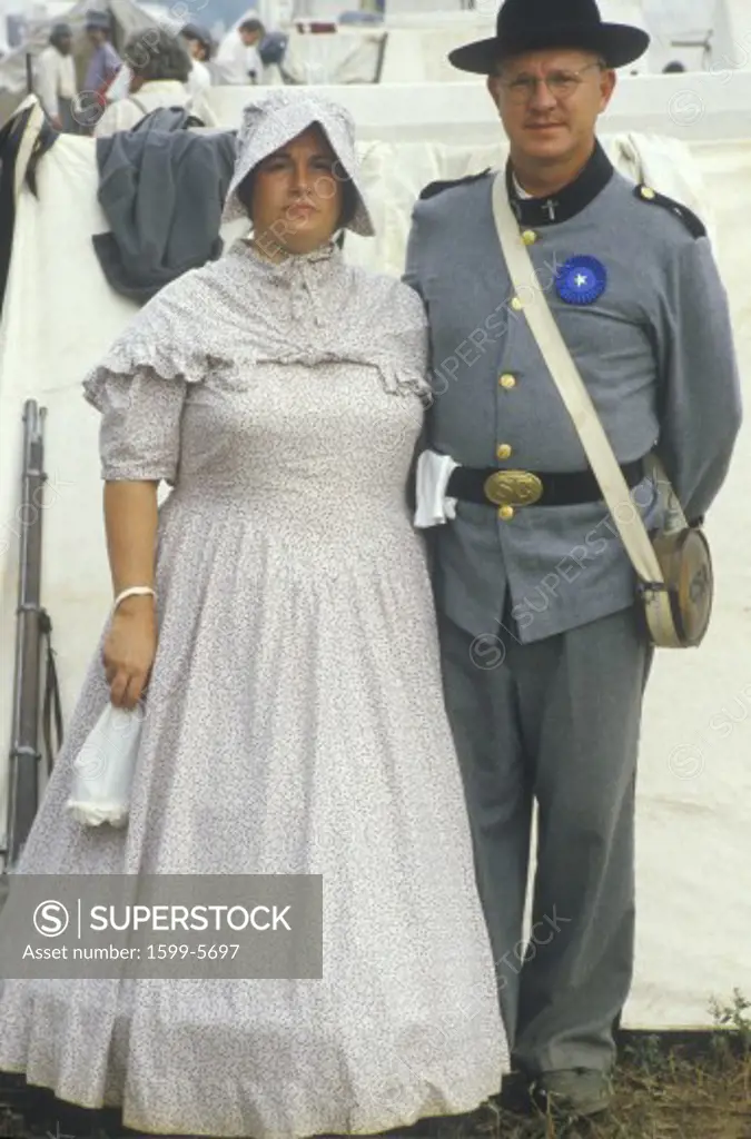 Civil War participant couple in full costume during reenactment of Battle of Manassas, Virginia