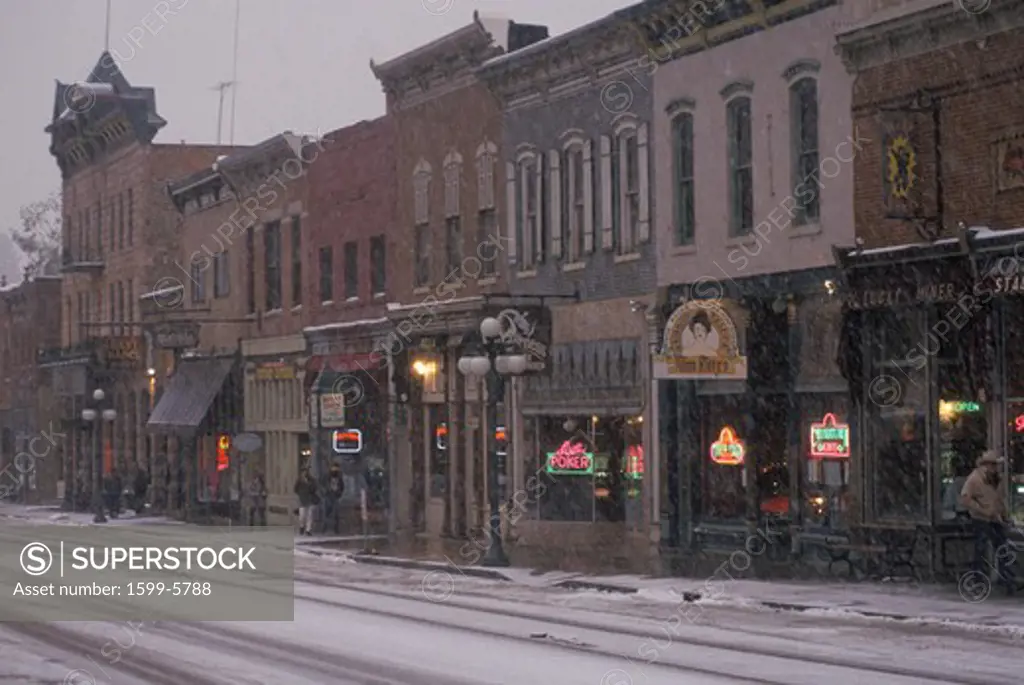 Main street of Deadwood, SD in snow