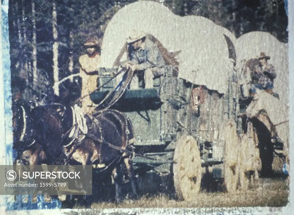 Polaroid transfer of Historical reenactment of wagon train