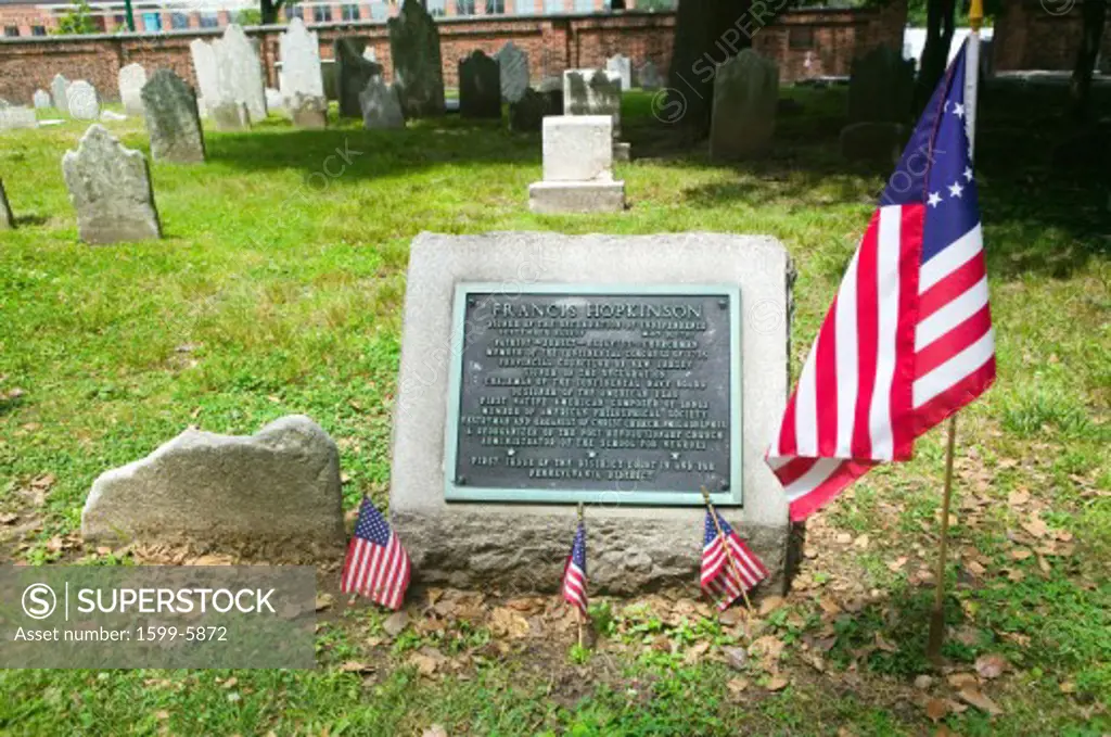 Gravestone for Francis Hopkinson in Christ Church Burial Ground, Philadelphia, Pennsylvania, signer of the Declaration of Independence and designer of the American Flag
