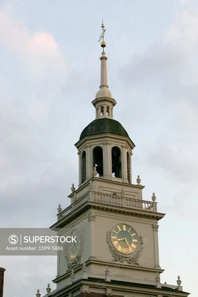 Clock tower of Independence Hall in historic Philadelphia, Pennsylvania where Declaration of Independence was signed