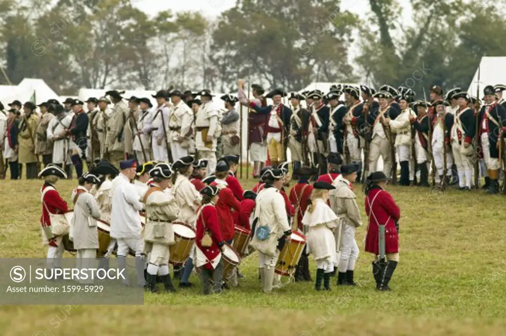 A fife and drum group of musicians wait for the beginning of the 225th Anniversary of the Victory at Yorktown, a reenactment of the siege of Yorktown, where General George Washington commanded 17,600 American troops and French Comte de Rochambeau lead 5500 French troops, together defeating General Lord Cornwallis, who surrendered his arms on October 19, 1781, ending the Revolutionary War, thus making the 13 Colonies the United States of America, an independent nation. On October 19-22, 2006, the