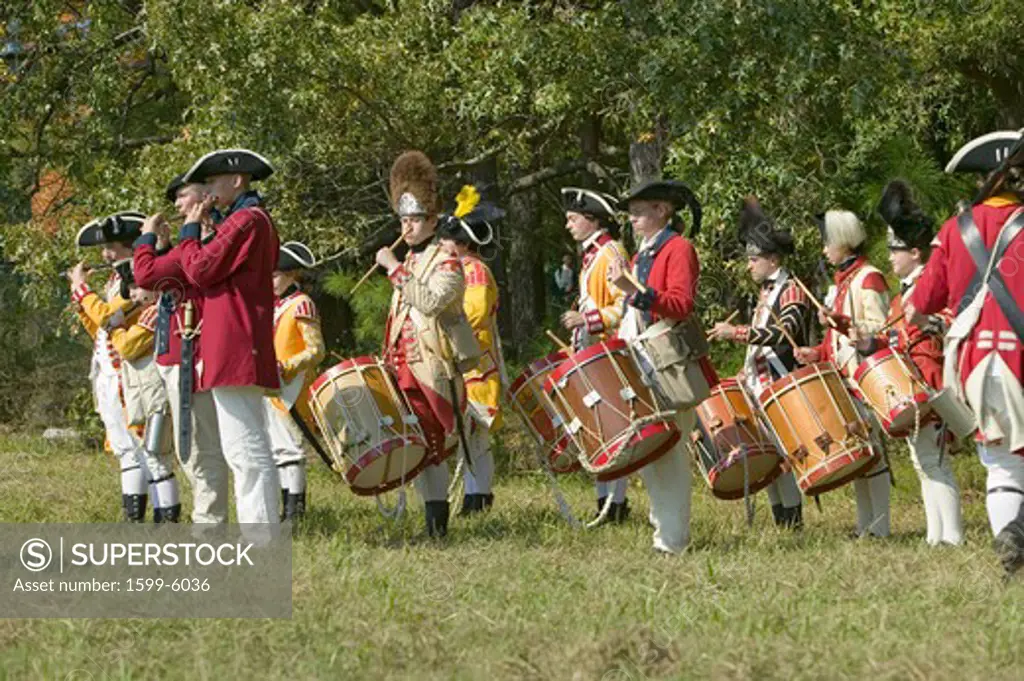 Fife and drum musicians perform at the Endview Plantation (circa 1769), near Yorktown Virginia, as part of the 225th anniversary of the Victory of Yorktown, a reenactment of the defeat of the British Army and the end of the American Revolution.