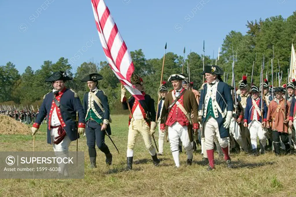 Continentals on the march in re-enactment of Attack on Redoubts 9 & 10, where the major infantry action of the siege of Yorktown took place. General Washington's armies captured two British fortifications, Endview Plantation (circa 1769), near Yorktown Virginia. Part of the 225th anniversary of the Victory of Yorktown, a reenactment of the defeat of the British Army and the end of the American Revolution.