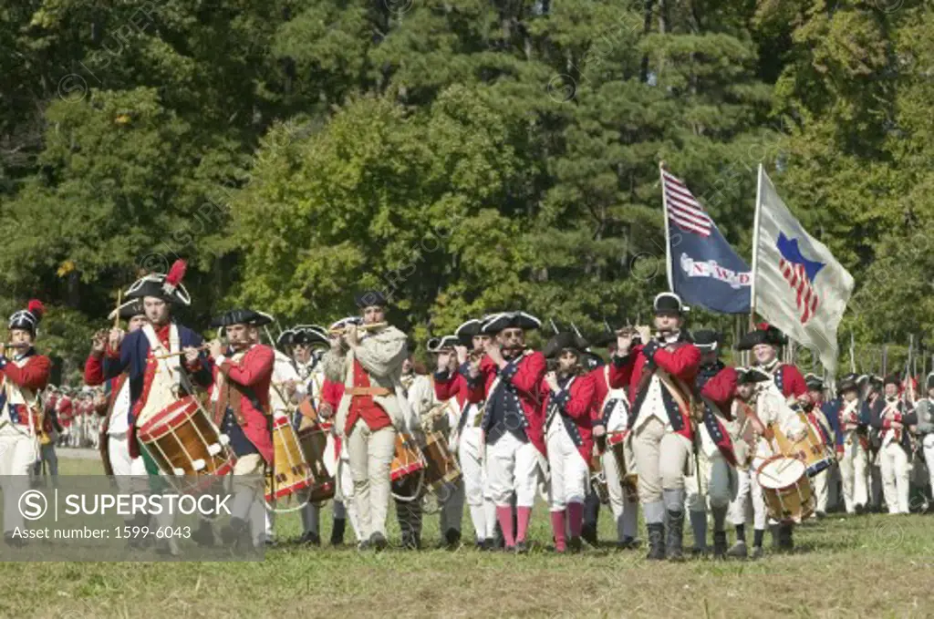 Continentals on the march in re-enactment of Attack on Redoubts 9 & 10, where the major infantry action of the siege of Yorktown took place. General Washington's armies captured two British fortifications, Endview Plantation (circa 1769), near Yorktown Virginia. Part of the 225th anniversary of the Victory of Yorktown, a reenactment of the defeat of the British Army and the end of the American Revolution.