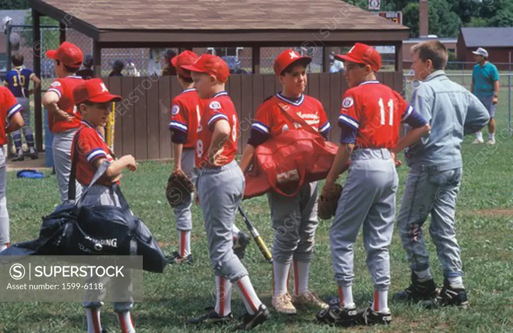 Group of youth league baseball players with gear, Hebron, CT