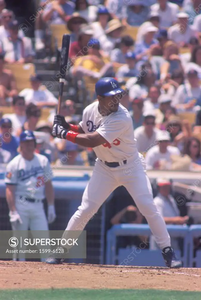Professional Baseball player at bat, Dodger Stadium, Los Angeles, CA