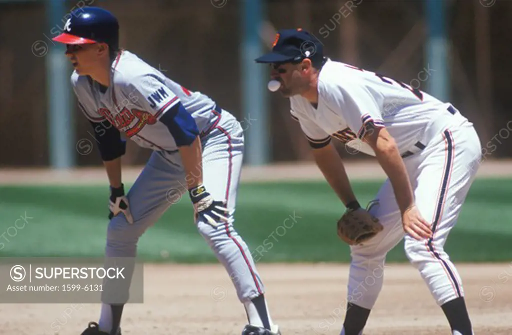 Professional Baseball player Will Clark chewing gum and watching pitcher during game, Candlestick Park, San Francisco, CA